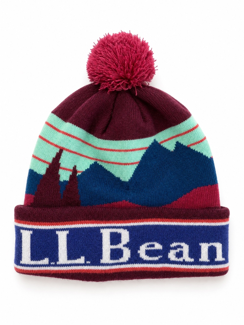 L.L.Bean Mountain Landscape Pom Pom Knit Winter Hat Fall Beanie Multicolor O/S